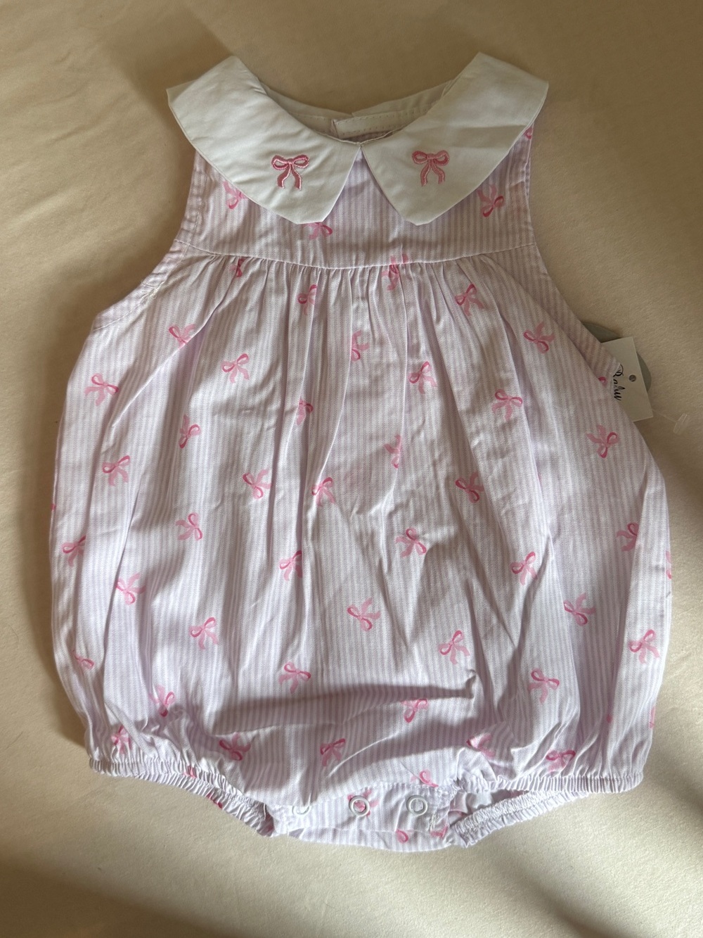 Pink Bow-Print Baby Bubble Romper with White Collar
